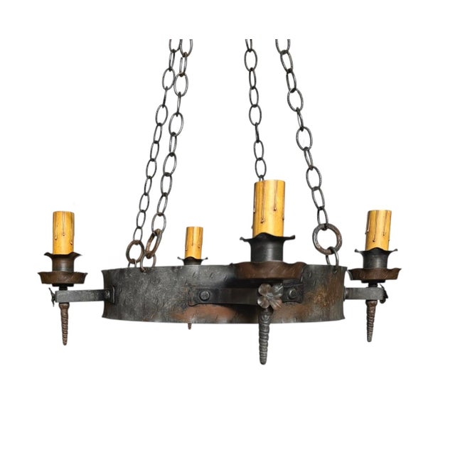 American Antique Hand Forged Iron Chandelier With Flowers and Original Patina For Sale - Image 3 of 9