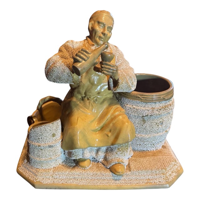 Antique Victorian Yellow Ware Sand Majolica Figural Drinking Friar Monk Smoking Stand For Sale