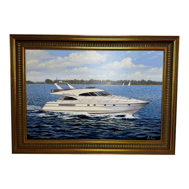 British Marine Oil Painting Windermere Lake District Ascendancy — Fairline Squadron 50 Yacht Under Cumbrian Skies Signed Edward Hersey Gilt Framed For Sale