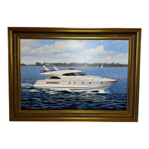 British Nautical Oil Painting Windermere Lake District Ascendancy — Fairline Squadron 50 Yacht Under Cumbrian Skies Signed Edward Hersey Gilt Framed