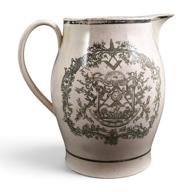 Olive-Green Transferware Masonic Creamware Jug from Staffordshire, 1800s For Sale - Image 12 of 12