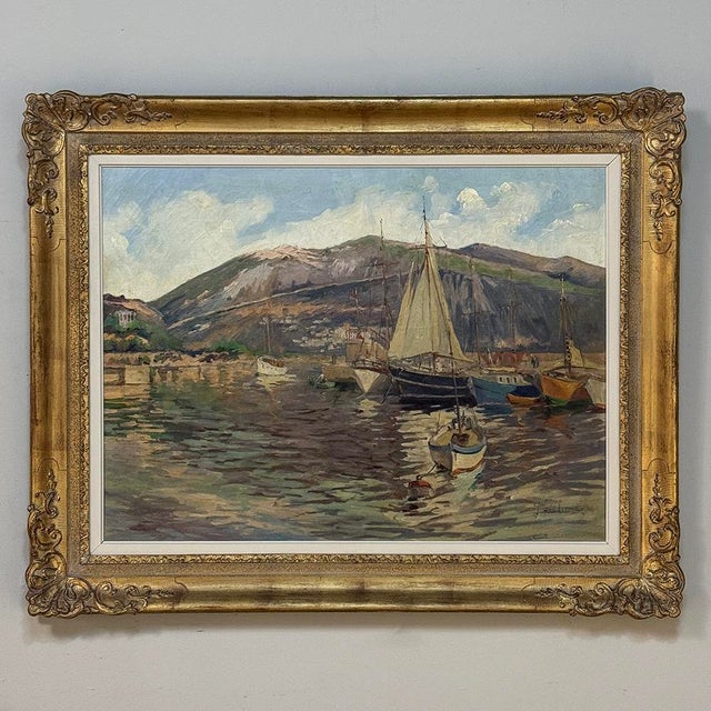 Early 20th Century Antique Framed Painting on Canvas 'Harbor in Still Light' Signed by J. Gilbert For Sale - Image 5 of 15