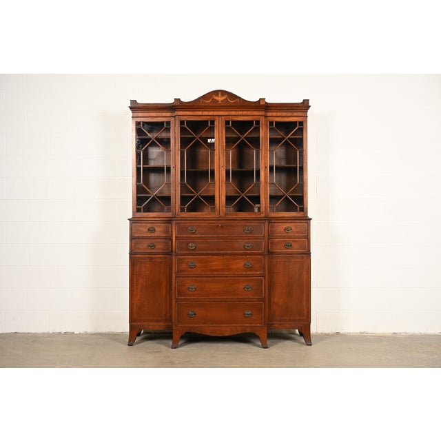 Baker Furniture Style Federal Carved Mahogany Breakfront Bookcase Cabinet With Secretary Desk, Circa 1940s For Sale - Image 16 of 16