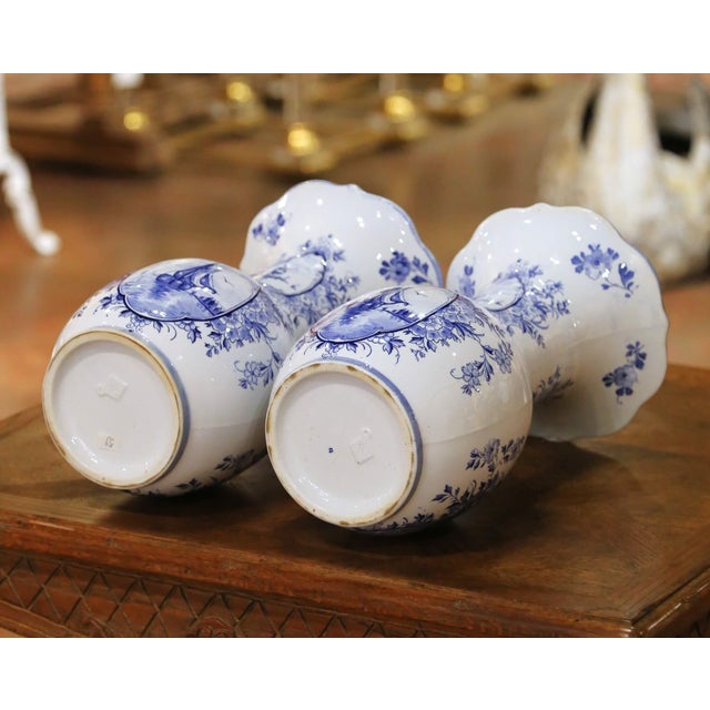 Pair of Early 20th Century Dutch Delft Faience Vases With Sailboats & Windmills For Sale - Image 10 of 11