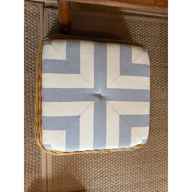 1980s Woven Rattan Ottoman in Blue and White Stripe For Sale - Image 4 of 4