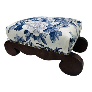 Antique Footstool, Reupholstered in Schumacher Fabric For Sale