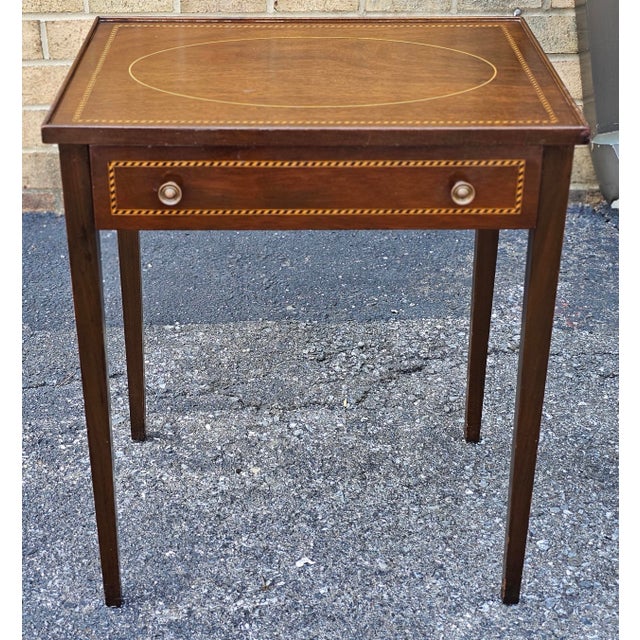 Pair of Federal Style Inlaid Mahogany Single Drawer Side Tables, Circa 1900s For Sale - Image 4 of 18