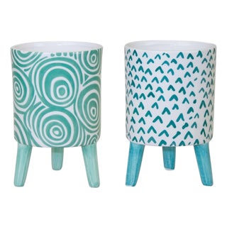 Blue Patterned Pot with Legs (Set of 2) For Sale