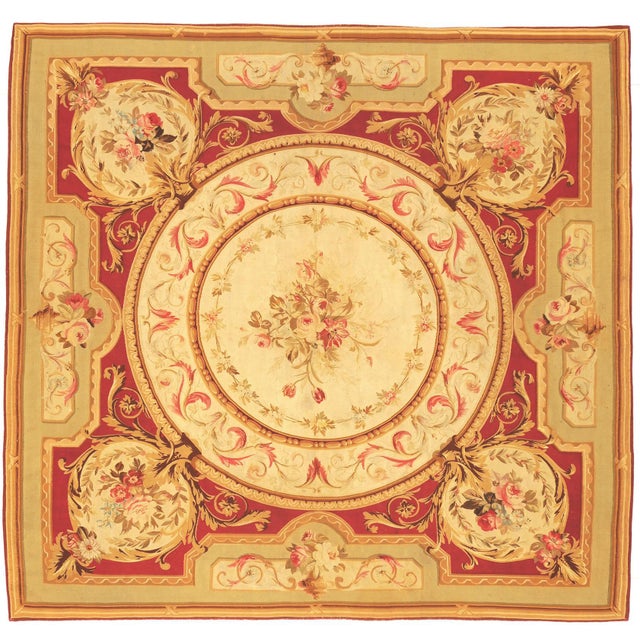 Antique Hand Woven Aubusson Carpet French Tapestry Weave Meter size 206 x 213 6.9 x 7.1 Wool On Cotton Excellent condition