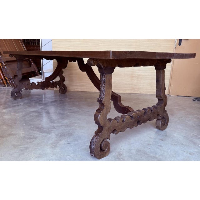 Brown Spanish Dining or Desk Table with Carved Legs and Iron Stretcher, 1790s For Sale - Image 8 of 13