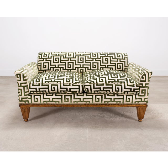 20th C. Art Deco Style Greek Key Velvet and Raffia Settee For Sale - Image 4 of 18