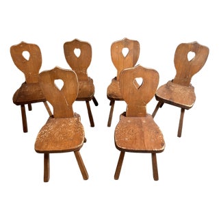 Set of 6 Vintage Alpine Bavarian Heart-Cutout Plank Chairs (Brettstuhl)(Tyrolean) For Sale