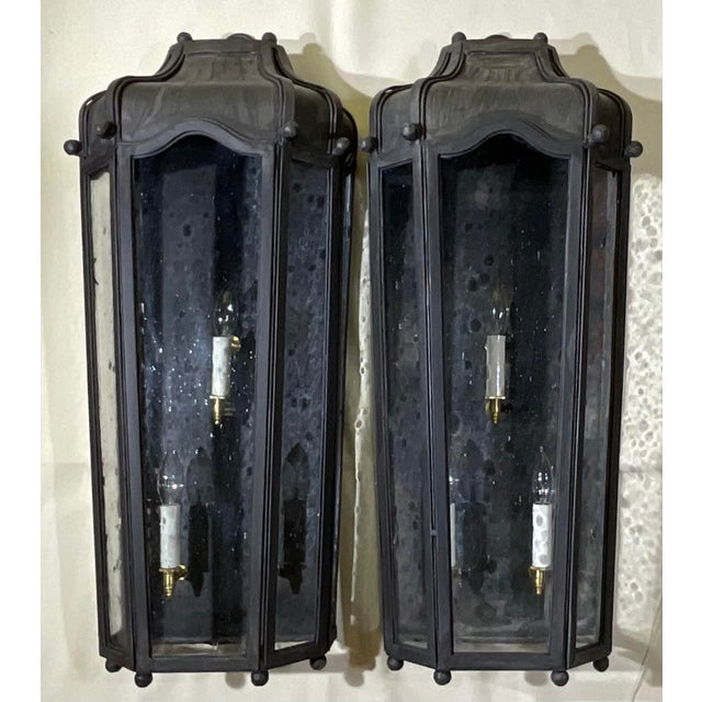 Large Exceptional Pair of Hand-Forged Iron Wall Lanterns Architectural Sconces For Sale In Miami - Image 6 of 17