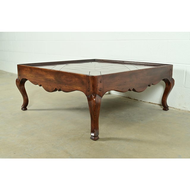 John Widdicomb French Provincial Louis XV Carved Walnut Parquet Top Coffee Table For Sale - Image 9 of 9