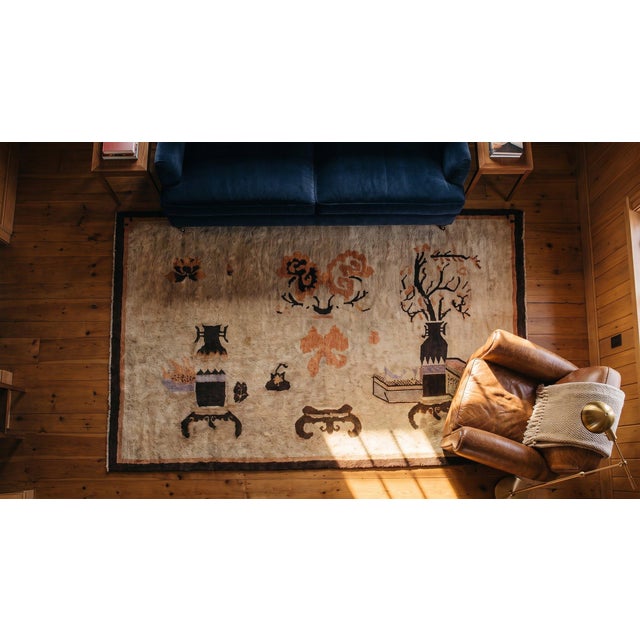 Pretty Camel Background With Figurative-Floral Pattern Antique Chinese Baotou Scholars Rug For Sale - Image 9 of 10