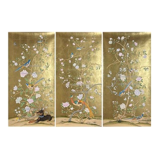Gold Leaf Chinoiserie Hand-Painted Wall Panels With Birds, Peonies & Dachshund (Set of 3) For Sale