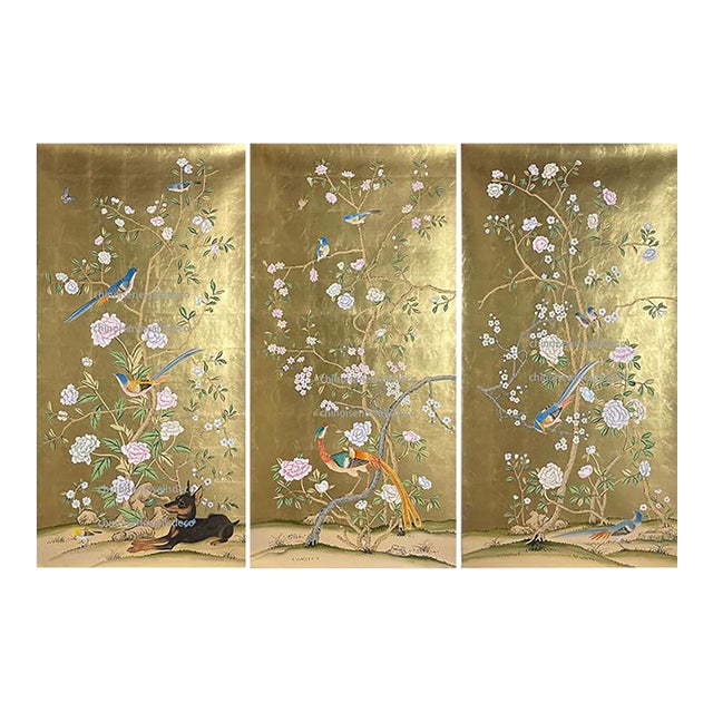 Gold Leaf Chinoiserie Hand-Painted Wall Panels With Birds, Peonies & Dachshund (Set of 3) For Sale