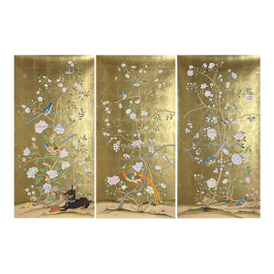Gold Leaf Chinoiserie Hand-Painted Wall Panels With Birds, Peonies & Dachshund (Set of 3)