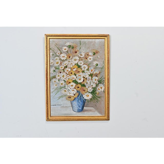 A vintage floral still-life painting from France, early to mid 20th century, layered in thin brushstrokes of oil paint...