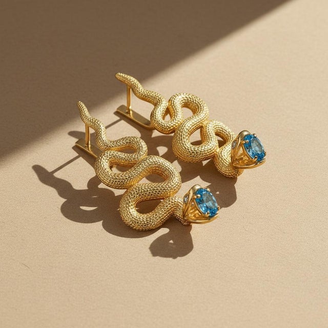 Massive Snake Earrings With Blue Topazes in Opened Mouth, Pair For Sale - Image 6 of 10