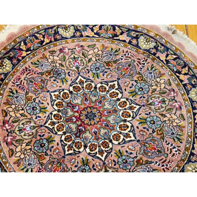 Persian Vintage Persian Tabriz Round Rug, Hand-Knotted Wool & Silk, Floral Pattern, 3' Round, Pale Pink & Navy For Sale - Image 3 of 6