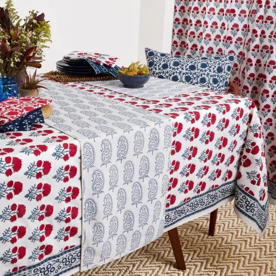 Hana 12-Seat Red & Teal Tablecloth For Sale - Image 4 of 8