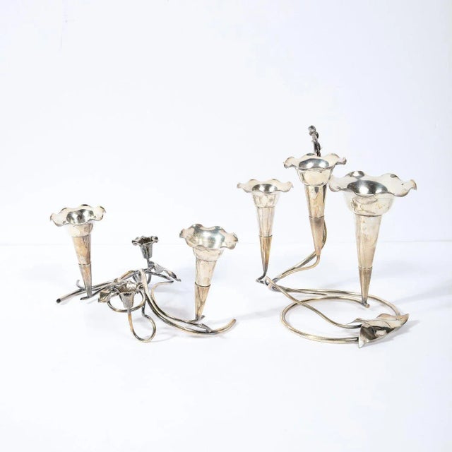 1910s Pair of Art Nouveau Silver-Plate Morning Glory Motif Candle Holders For Sale - Image 5 of 13