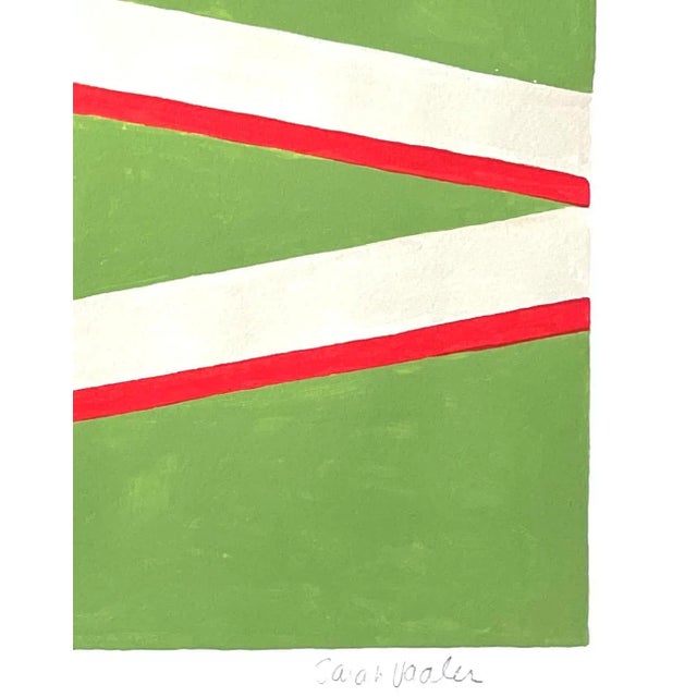 This painting features bars of creamy beige and orangey red on a pistachio green background. . It’s a contemporary...