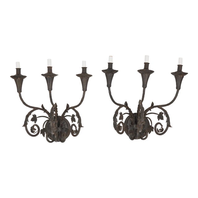 Pair of Vintage Large 3-Arm Iron Sconces With New 'French Iron' Finish For Sale