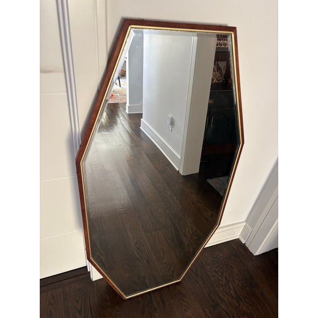 Mid-Century Modern Teak Wood With Brass Trim Bevel Wall Mirror, Elongated Hexagon Shape,mid-Century Modern Style For Sale - Image 3 of 9