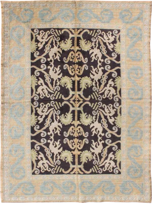 Antique Spanish Rug With All Over Botanicals in Black, Light Blue, Light Green