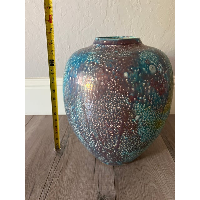 Ceramic Raku Studio Pottery Vase Copper Blue Luster Glaze Signed For Sale - Image 7 of 7