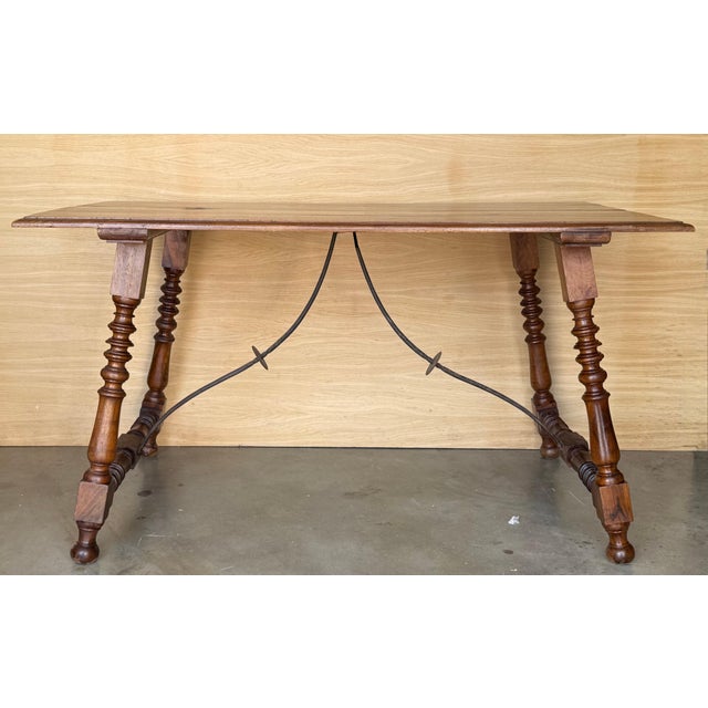 19th Spanish Sturdy Side Table with Carved Turned Legs and Double Stretcher For Sale - Image 16 of 18