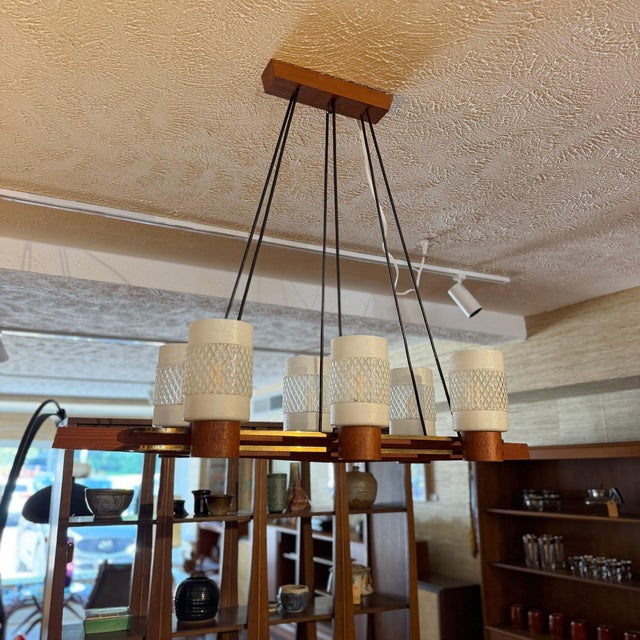 Mid 20th Century Danish Modern Teak & Brass 6-Light Chandelier With Textured Glass Shades For Sale - Image 9 of 12