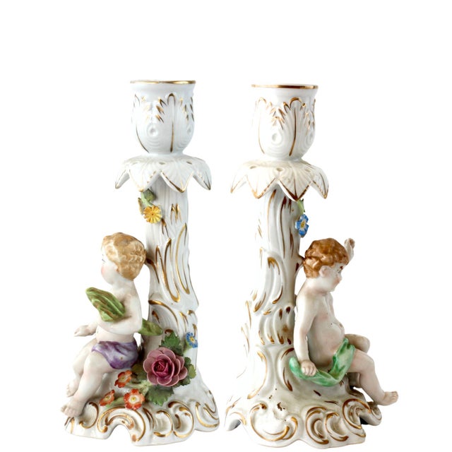 C. 1930s Porcelain Cherub Candleholders For Sale - Image 4 of 4