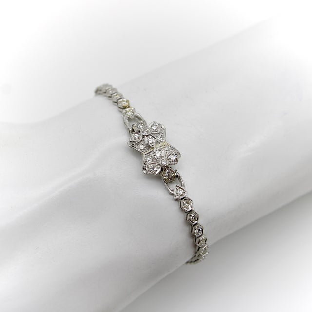 Platinum 1920s Art Deco Platinum Diamond Flower Line Bracelet For Sale - Image 8 of 9