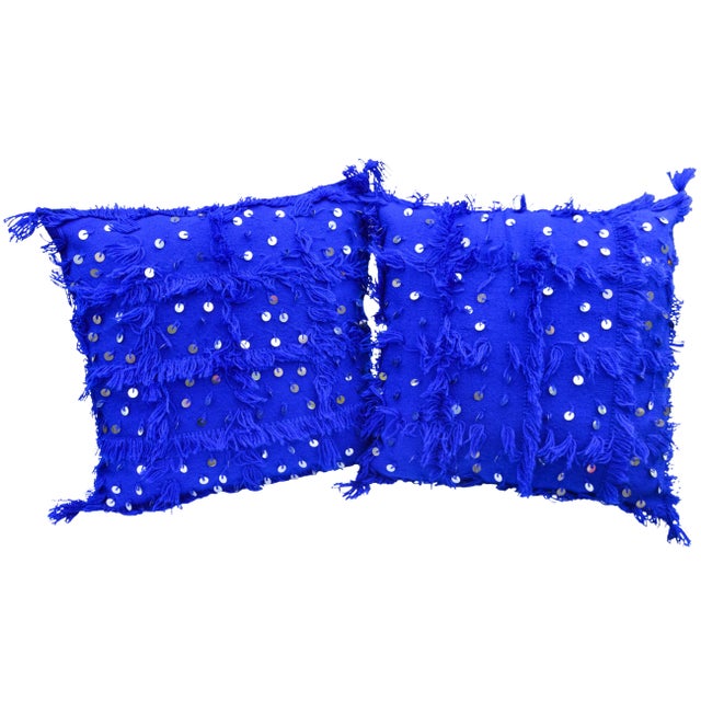 Contemporary Vintage Moroccan Blue Fringed & Sequined Windowpane Pillows - Set of 2 For Sale - Image 3 of 11