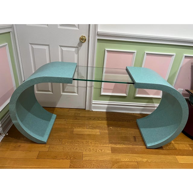 Mid-Century Modern 1980 Teal Blue Formica Glass Console Table, in Karl Springer Style For Sale - Image 3 of 12