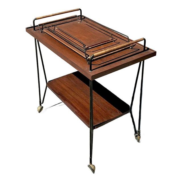 Vintage Swedish Teak Bar Cart With Serving Trays - Set of 3 For Sale