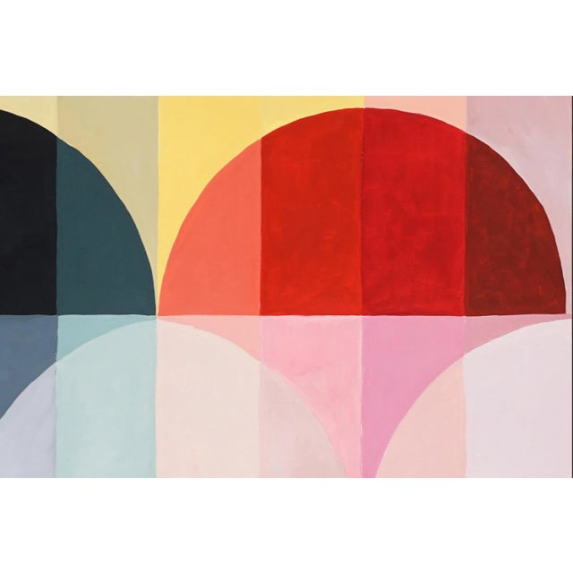 Abstract 2023, Abstract Geometric Landscape of "Primary Bauhaus Tones", Acrylic Painting on Watercolor Painting Paper by Natalia Roman For Sale - Image 3 of 9