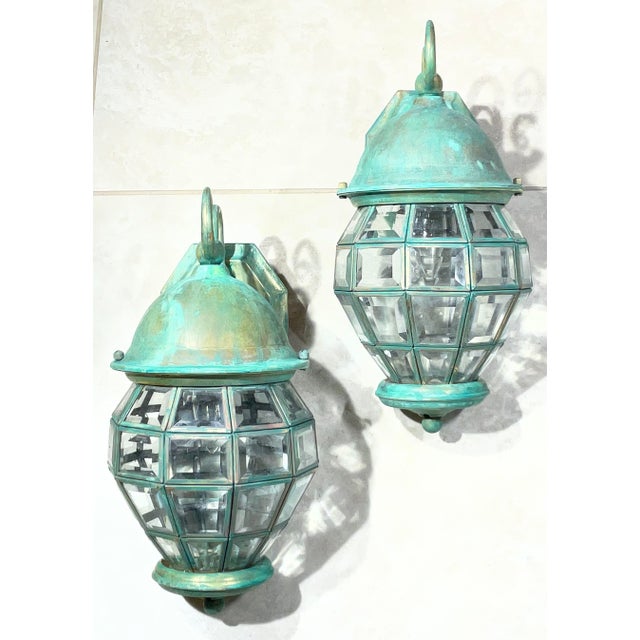 Funky Vintage Pair of Solid Brass Verdigris Wall Lanterns - 14”h X 7” W X 8”.5 D For Sale - Image 10 of 17