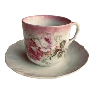 Vintage German Porcelain Transfer Ware Floral Pink Demitasse Cup & Saucer Set- 2 Pieces