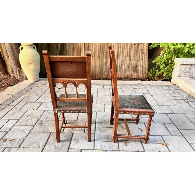 Set of 6 Antique Late 1800s French Henri II Walnut Dining Chairs With Leather Upholstery For Sale - Image 4 of 12