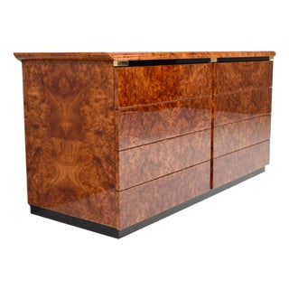 Italian Drawer Credenza in High Gloss Burl and Brass, Italy, 1970s For Sale