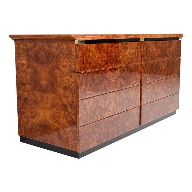 Italian Drawer Credenza in High Gloss Burl and Brass, Italy, 1970s For Sale