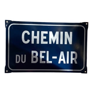 Mid-Century French Blue and White Enamel Street Sign “Chemin Du Bel-Air” For Sale