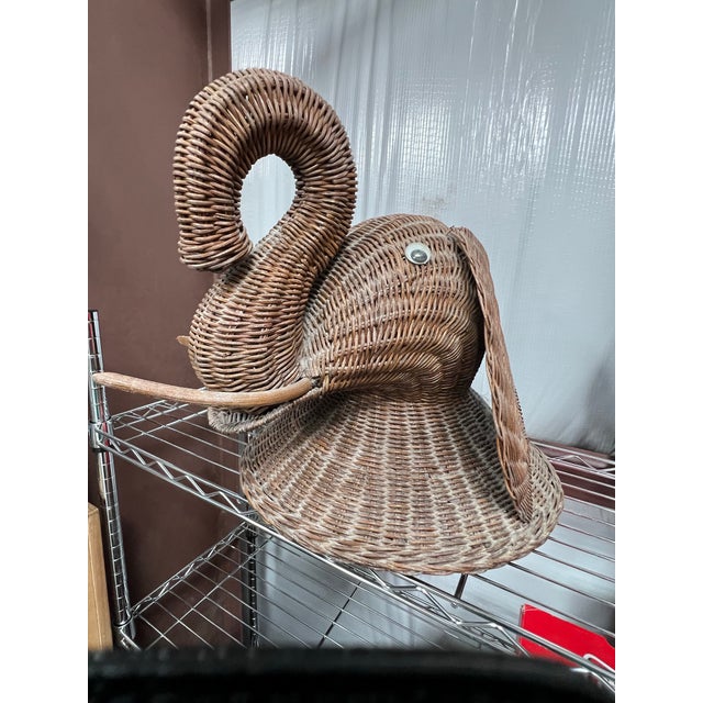 Wood Mid 20th Century Hand Woven Reed Wicker Rattan Elephant Hamper In the Style of Mario Lopez Torres Wooden Tusks For Sale - Image 7 of 11