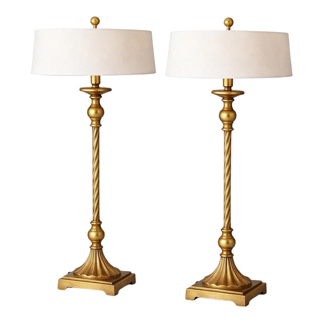 Late 20th Century Tall Neoclassical Buffet Lamps in Sunlit Aged Brass With Twisted Columns & Custom Low-Profile Linen Shades - a Pair For Sale