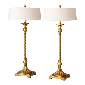 Late 20th Century Tall Neoclassical Buffet Lamps in Sunlit Aged Brass With Twisted Columns & Custom Low-Profile Linen Shades - a Pair