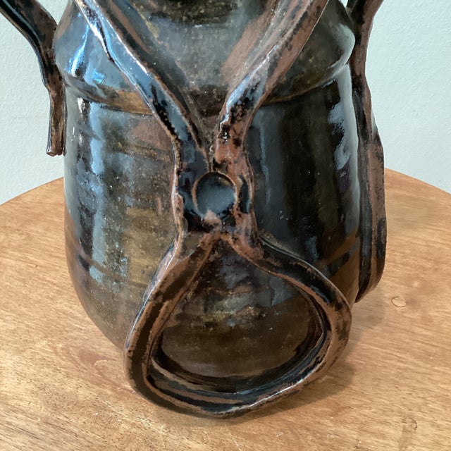 Oxblood Red Vintage Art Nouveau Curved Shape Earthenware Double Handle Vase With Makes Mark For Sale - Image 8 of 12